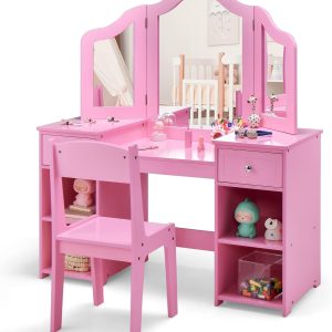 INFANS Kids Wooden Vanity Table White with Chair-0