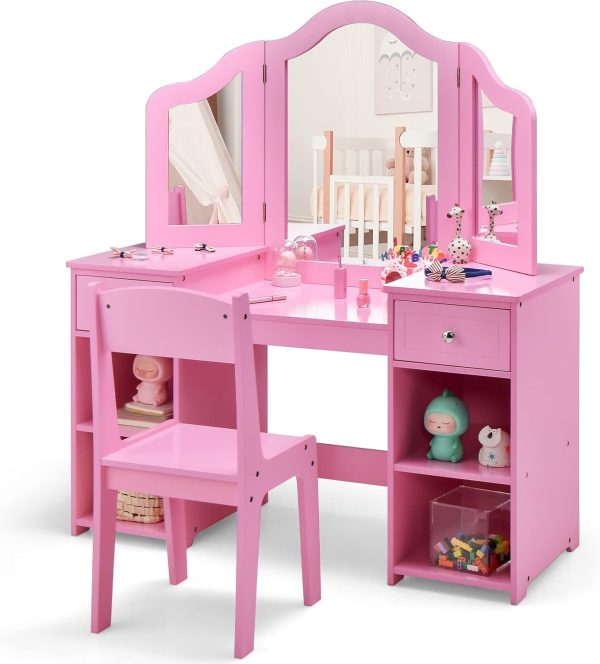 INFANS Kids Wooden Vanity Table White with Chair-0