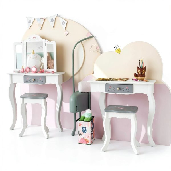 Kids Vanity Mirror Set Costzon MDF Wood Design-6