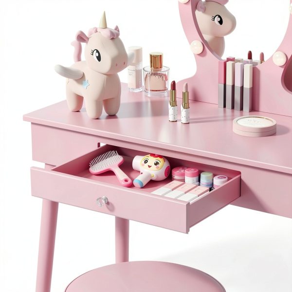 Vabches Kids Vanity Pink Wood Table with LED-5