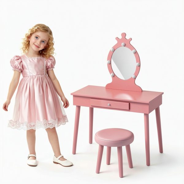 Vabches Kids Vanity Pink Wood Table with LED-3