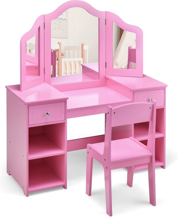 INFANS Kids Wooden Vanity Table White with Chair-7