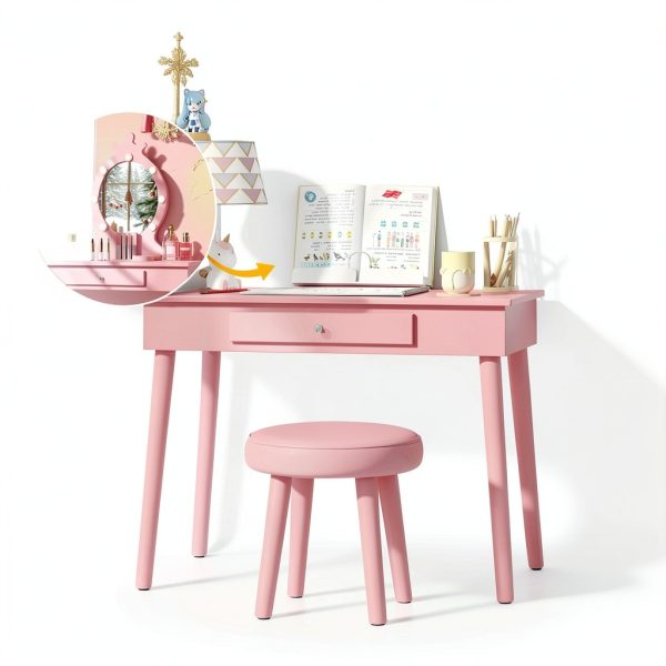 Vabches Kids Vanity Pink Wood Table with LED-4