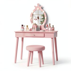 Vabches Kids Vanity Pink Wood Table with LED-0