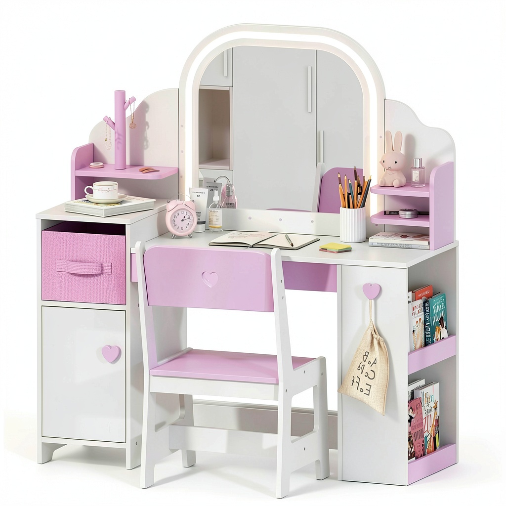 Frogprin kids makeup vanity with LED mirror and bookshelf