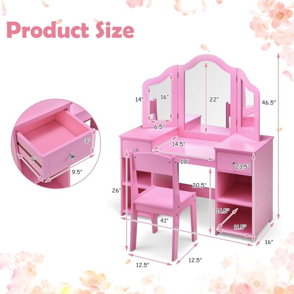 INFANS Kids Wooden Vanity Table White with Chair-6