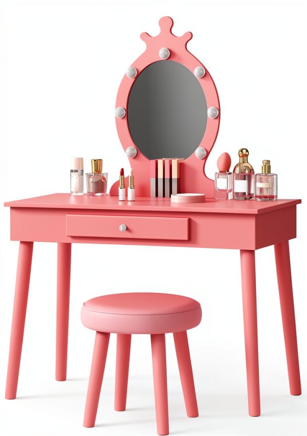 Vabches Kids Vanity Pink Wood Table with LED-6