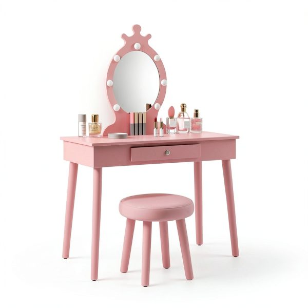 Vabches Kids Vanity Pink Wood Table with LED-1