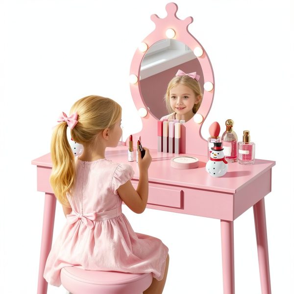 Vabches Kids Vanity Pink Wood Table with LED-8