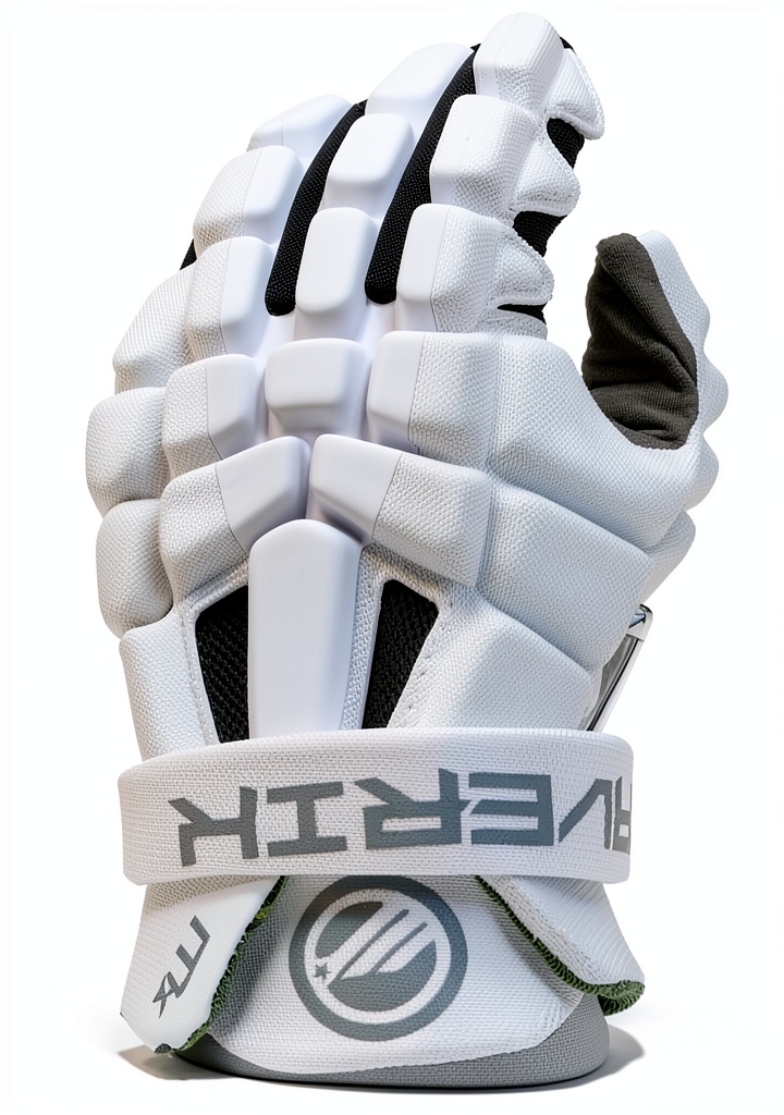 Adult lacrosse player wearing Maverik MX gloves on a grass field