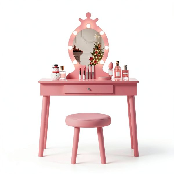 Vabches Kids Vanity Pink Wood Table with LED-2