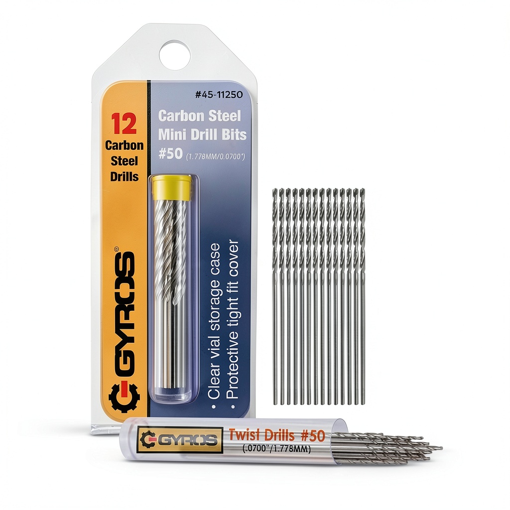 Installing Gyros 12 PCS #50 Micro Drill Bit Set – Carbon Steel Mini Twist Bits on a wooden desk